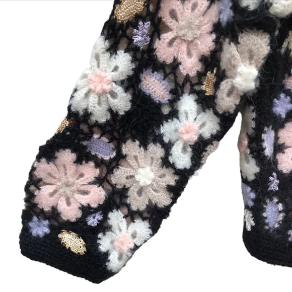 RARE‼️ Crochet Cardigan Mohair Black Floral Button Down , by Flame Size L - Picture 7 of 16